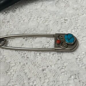 Native American Turquoise and Coral Horse Blanket Safety Pin